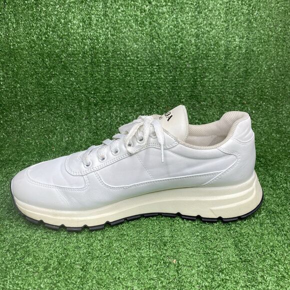 PRADA MENS ATHLETIC SPORT SNEAKERS WHITE LEATHER + NYLON SHOES Size US 8 - Picture 2 of 6